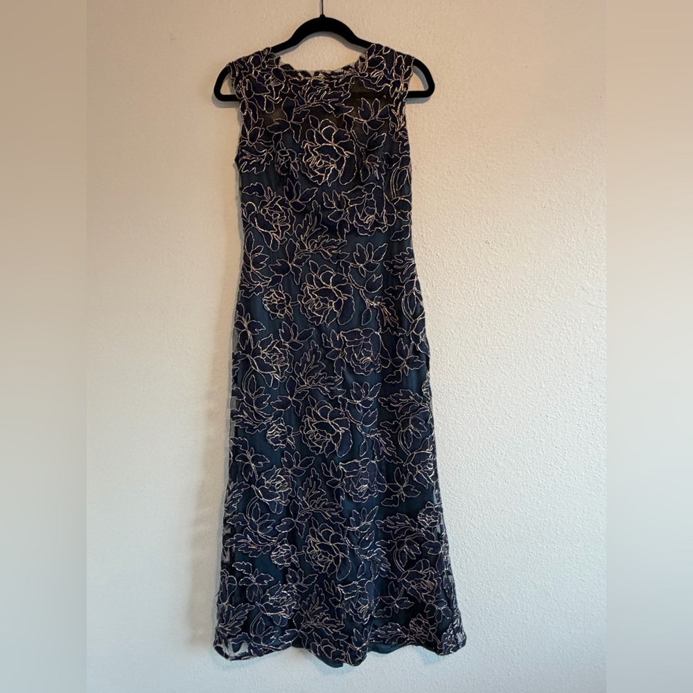 Tadashi Shoji Navy Maxi Dress with Cream Floral Lace Overlay
